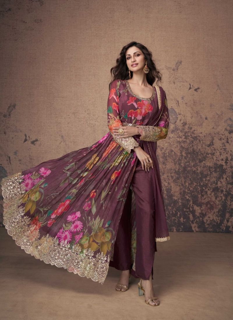 Stunning floral printed georgette Anarkali suit in purple