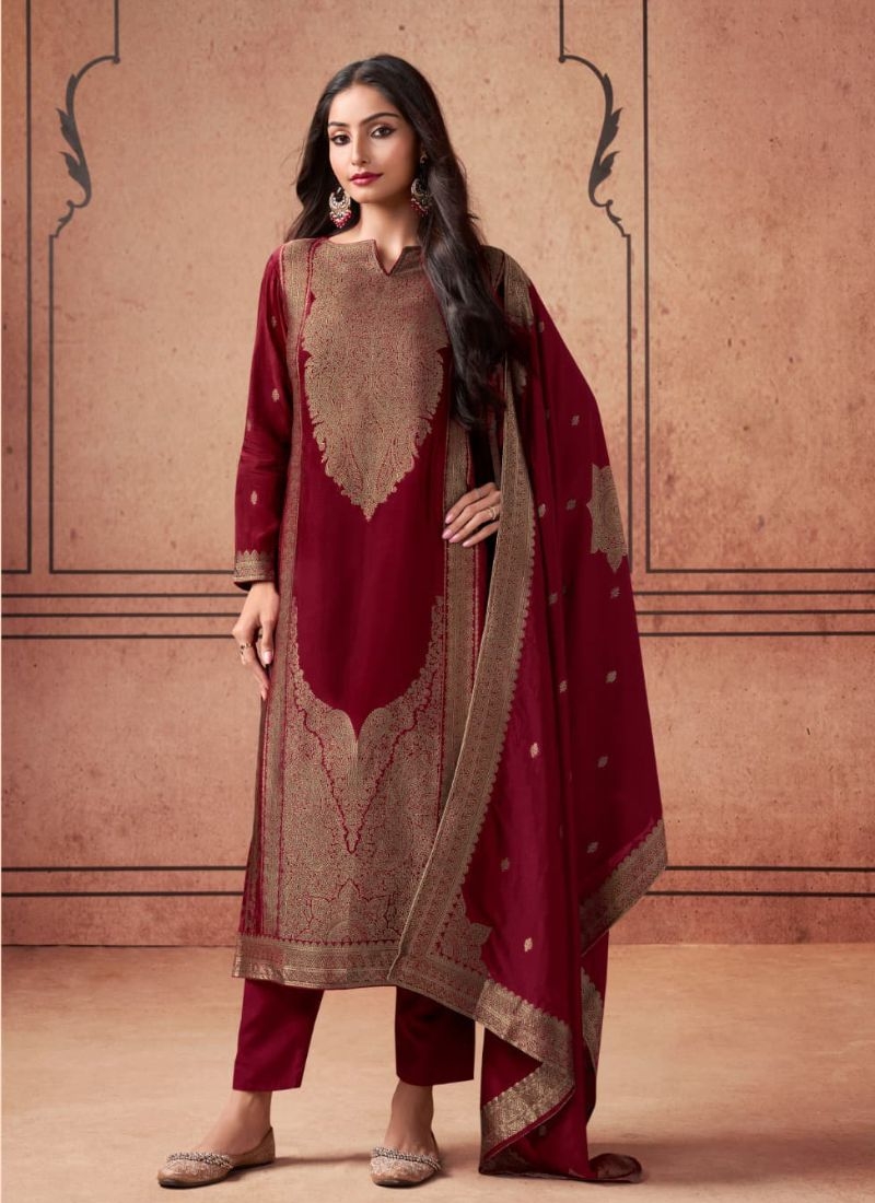 Beautiful jacquard printed silk kurta pant suit in red