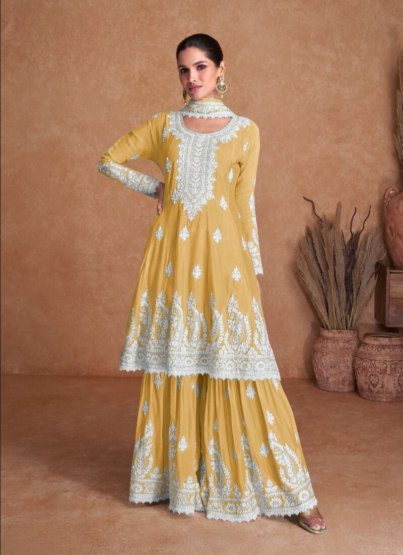 Beautiful chinon sharara suit with heavy embroidery in yellow