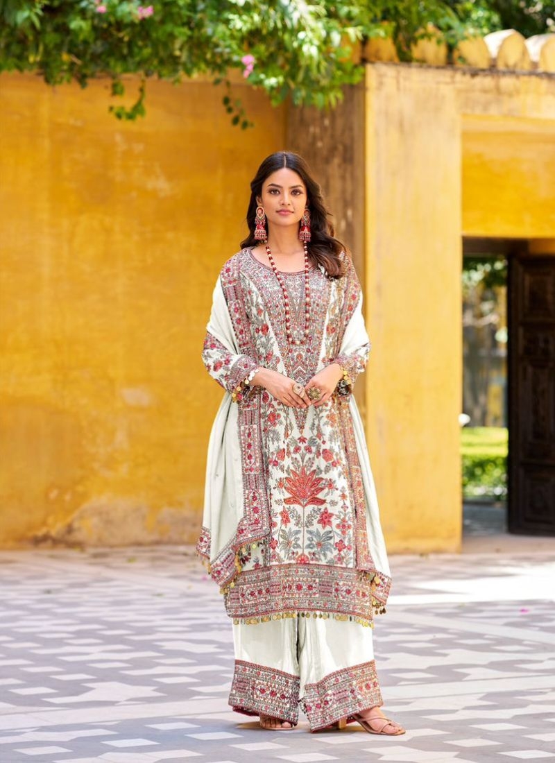 Stunning heavy embroidered Chinon palazzo suit in white