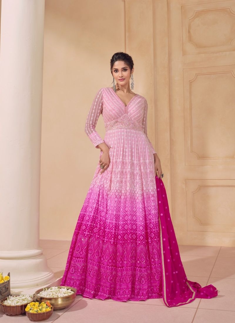 Beautiful embroidered georgette Anarkali suit in baby pink