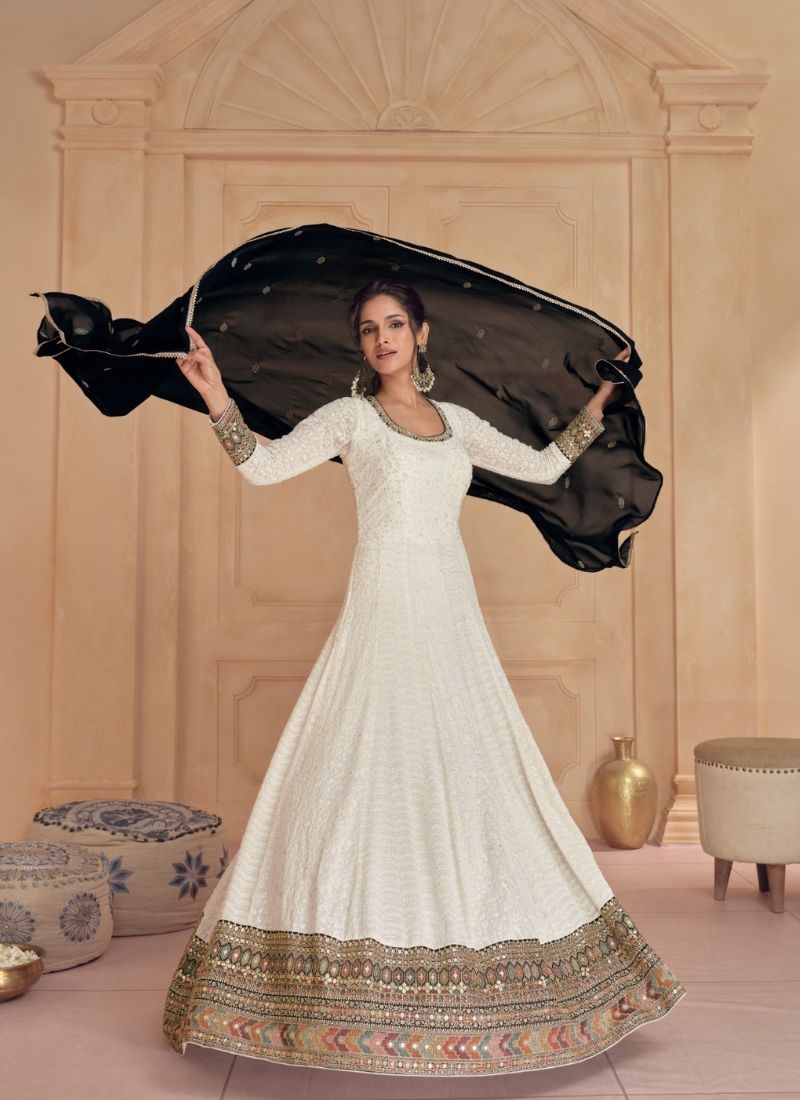 Beautiful embroidered georgette Anarkali suit in cream