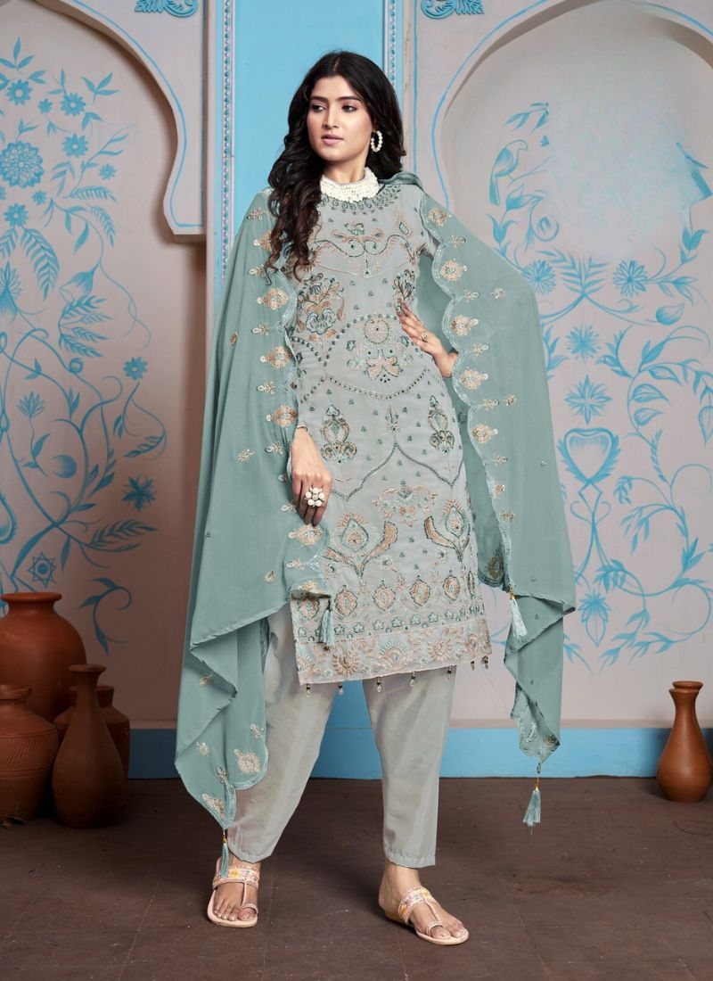 Designer embroidered georgette kurta pant suit in sage green