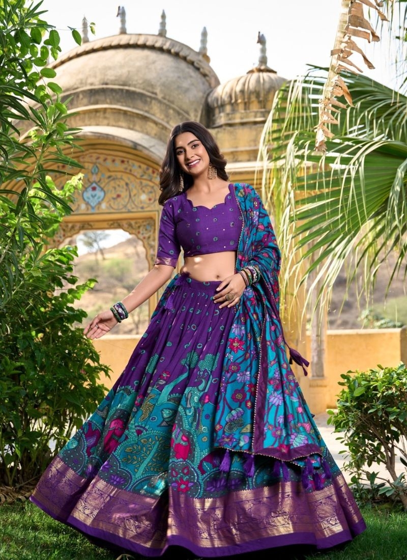 Stunning printed silk lehenga choli in dark blue