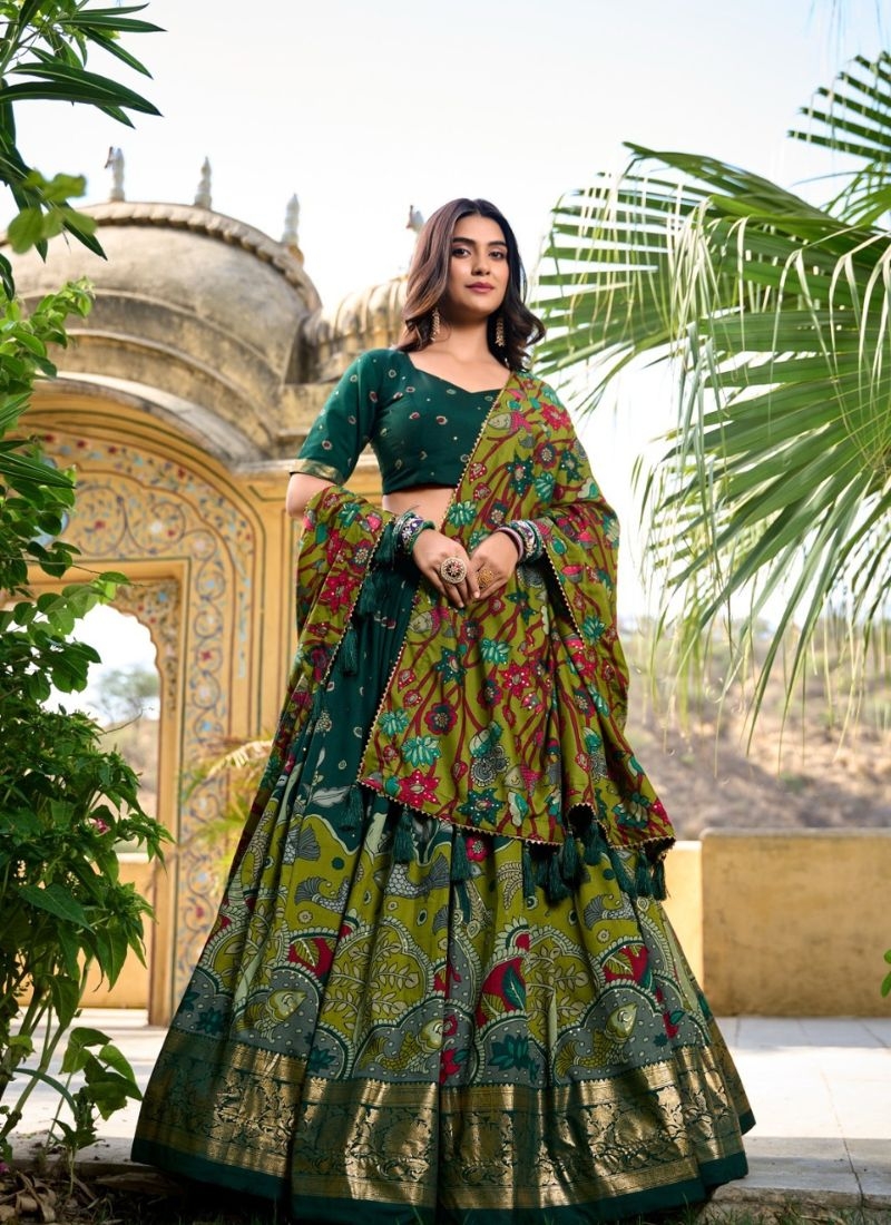 Stunning printed silk lehenga choli in dark green