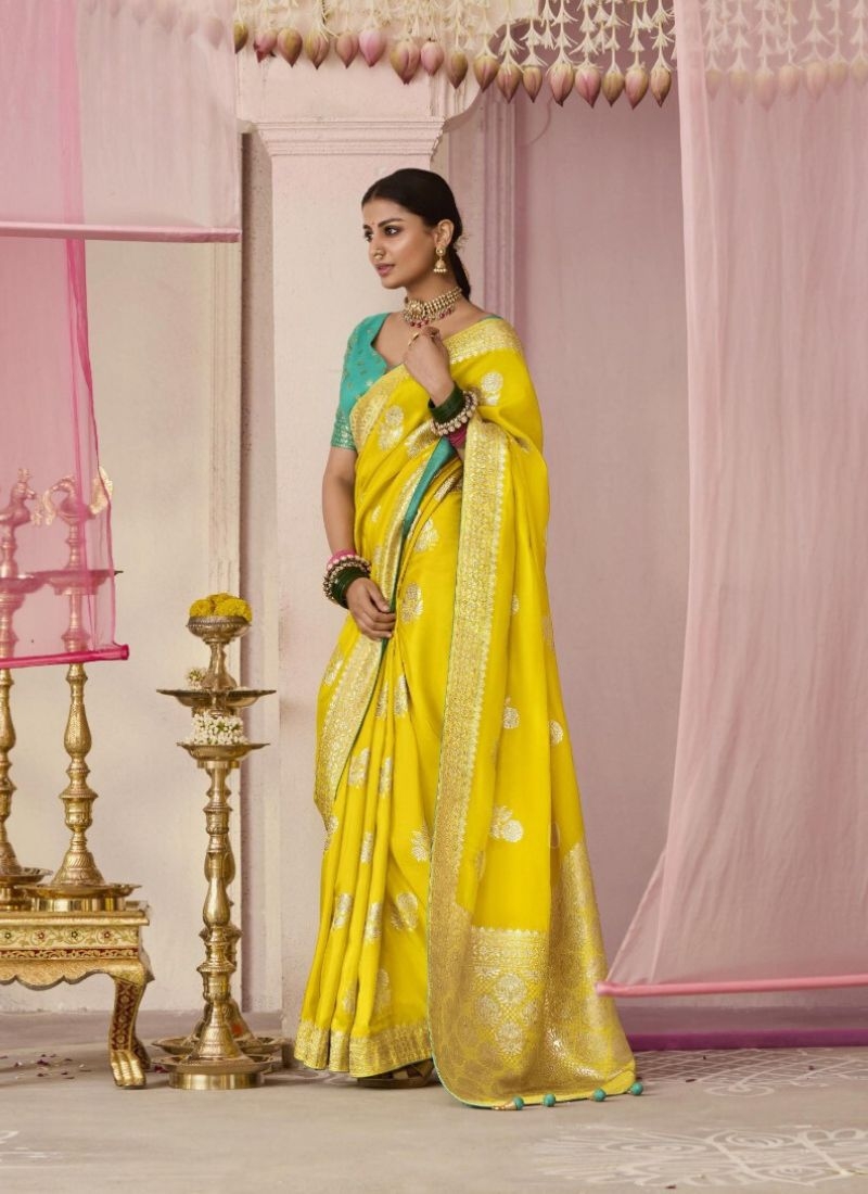 Exquisite dola silk saree with meenakari weaving in yellow