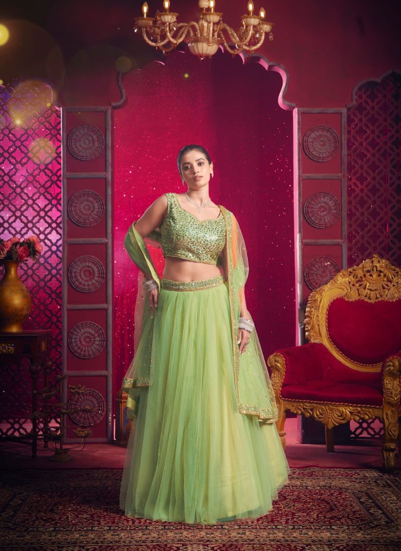 Designer embroidered net lehenga choli in light green