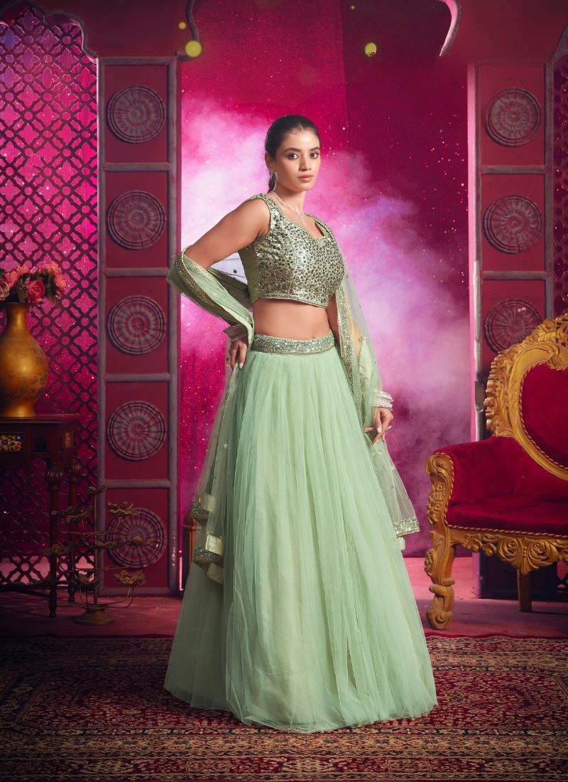 Designer embroidered net lehenga choli in green