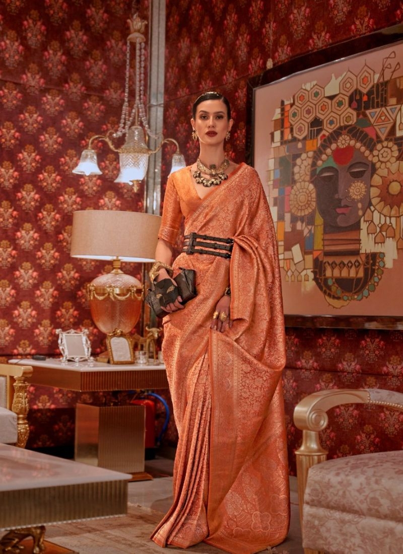 Stunning hand weaving kabby silk saree in orange