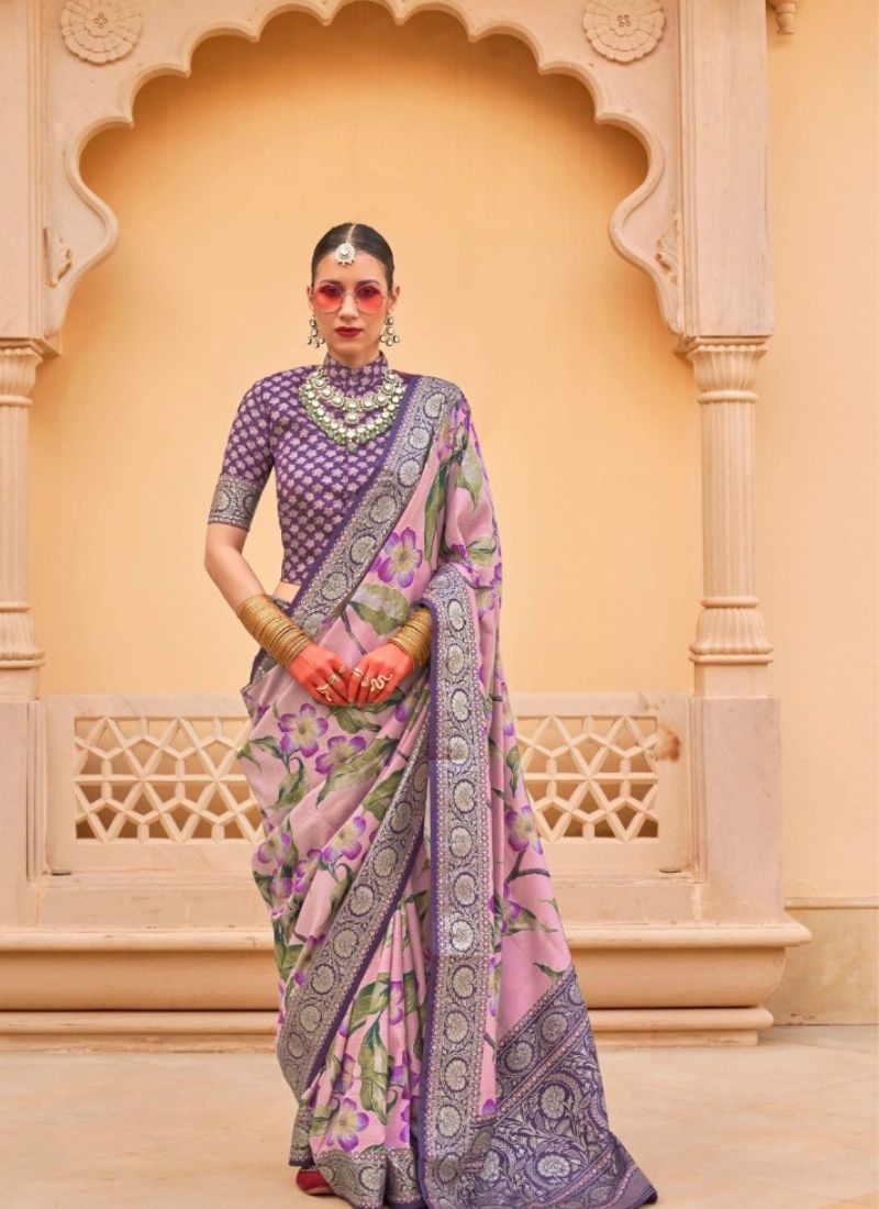 Gorgeous floral printed silk saree in purple