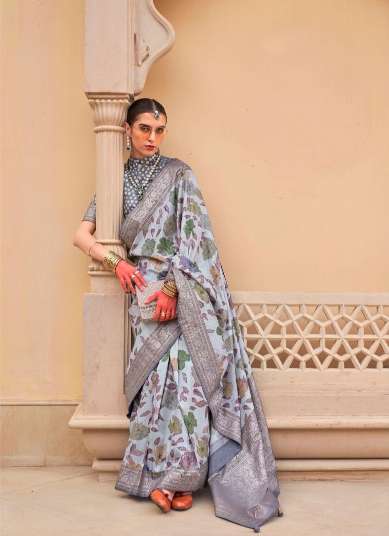 Gorgeous floral printed silk saree in light grey