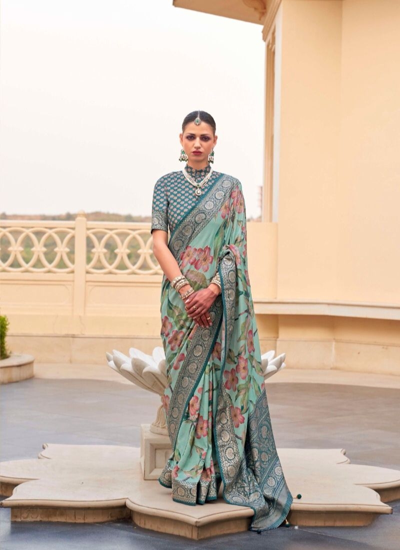 Gorgeous floral printed silk saree in green