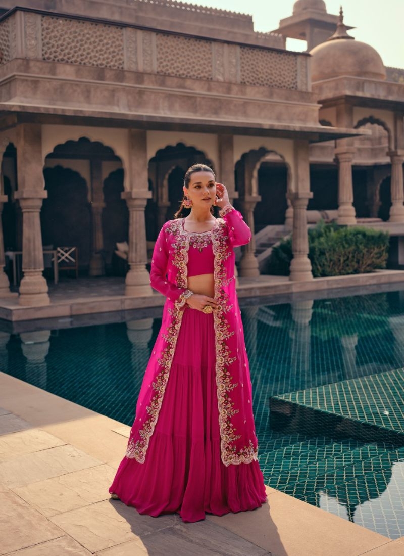 Beautiful hand embroidered lehenga choli with shrug in pink