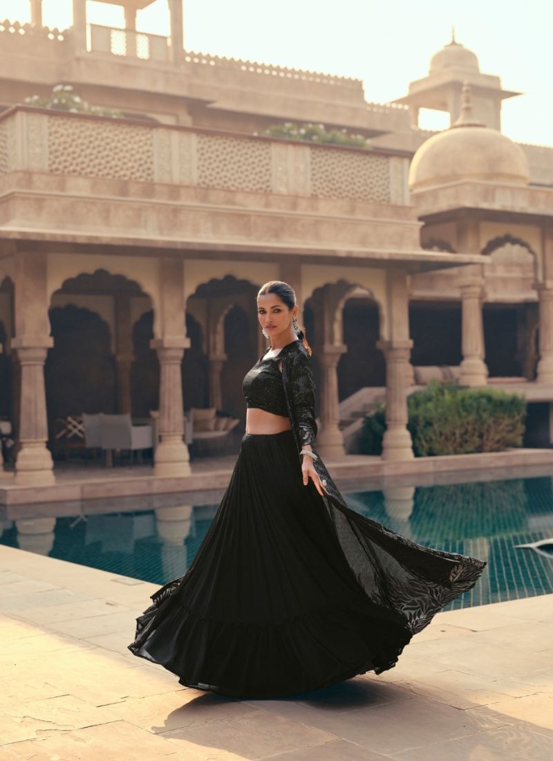 Beautiful hand embroidered lehenga choli with shrug in black