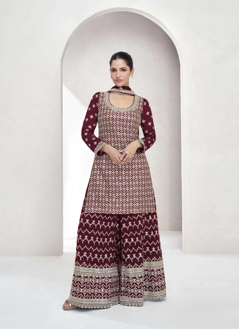 Trendy thread embroidered sharara suit in maroon