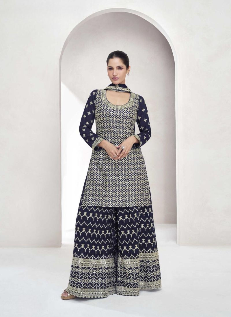 Trendy thread embroidered sharara suit in dark blue