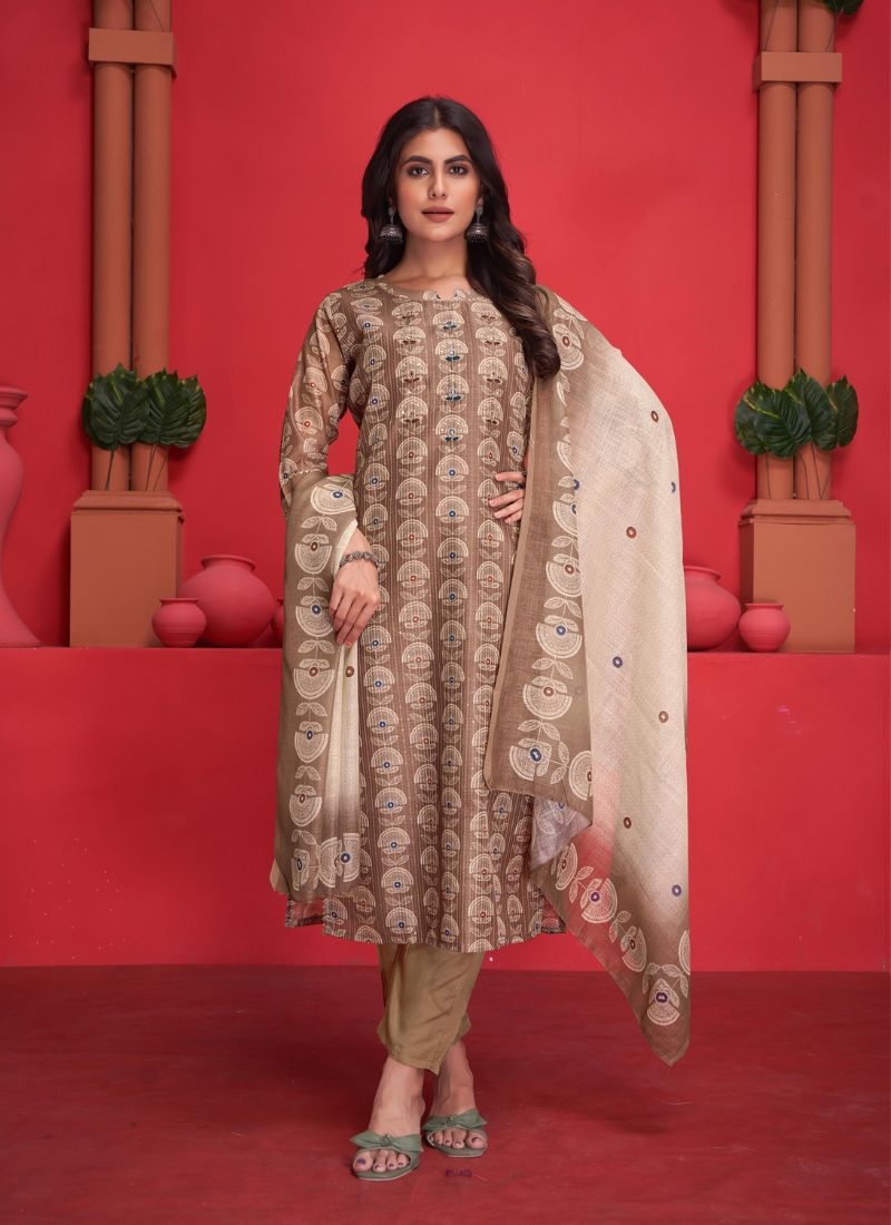 Stunning digital printed silk kurta pant suit in beige