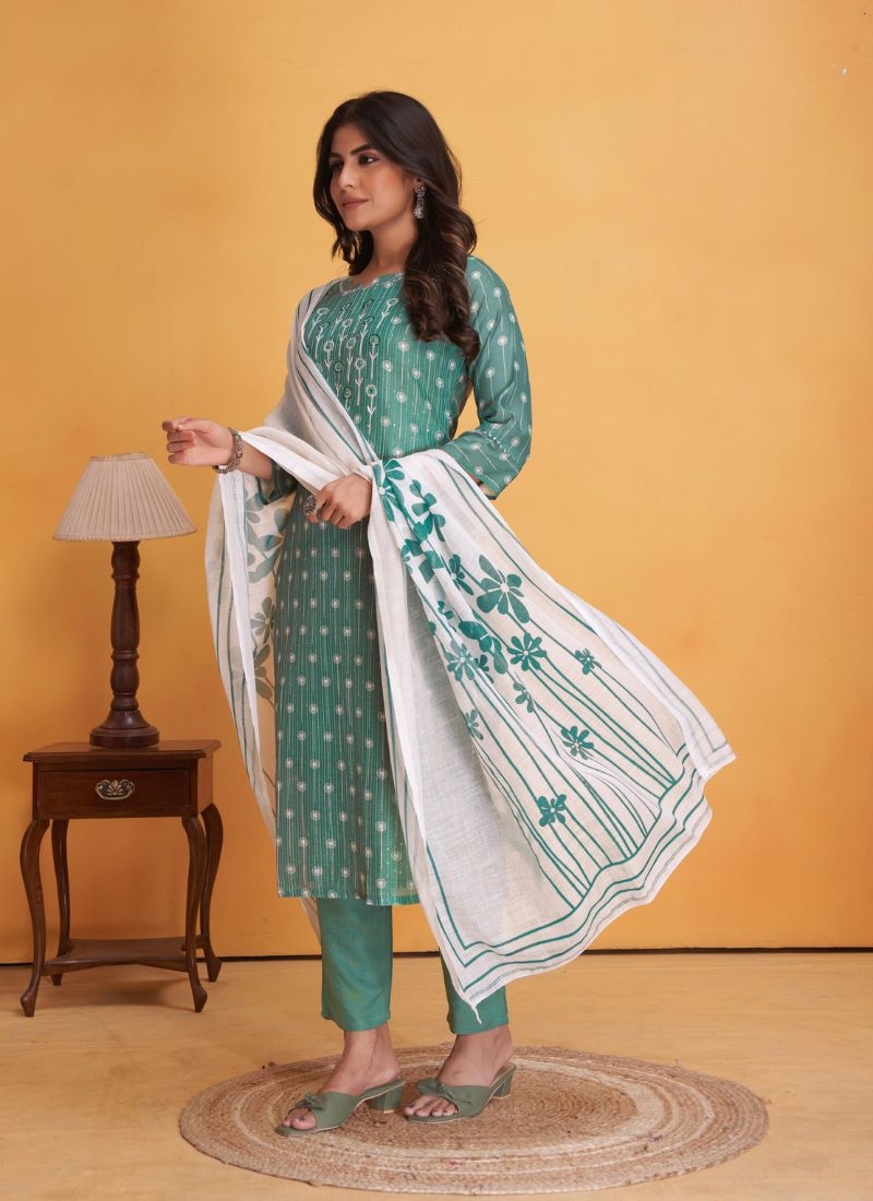 Stunning digital printed silk kurta pant suit in green