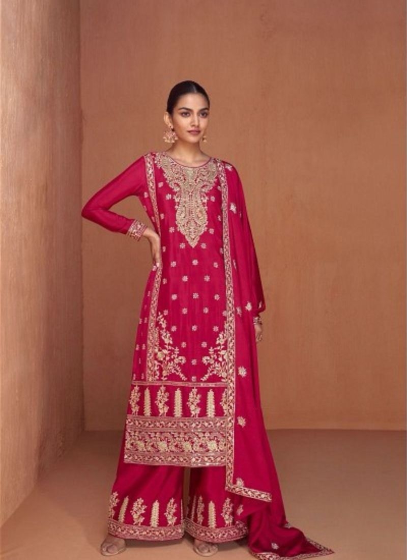 Stunning heavy embroidered Chinon palazzo suit in pink