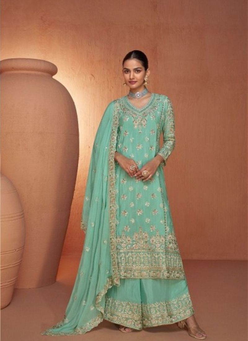 Stunning heavy embroidered Chinon palazzo suit in green