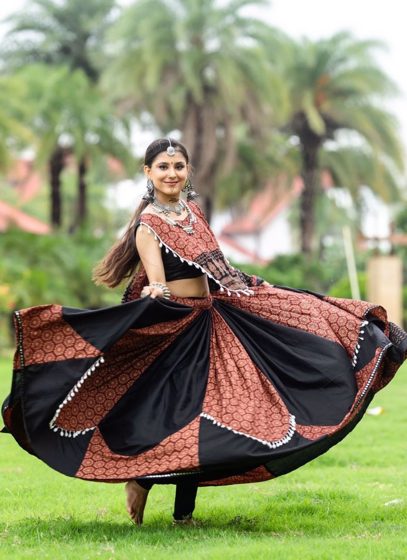 Designer hand printed pure cotton lehenga choli in black