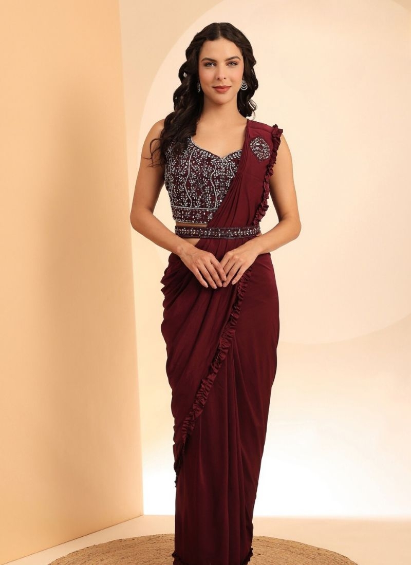 Designer hand embroidered chiffon saree in maroon