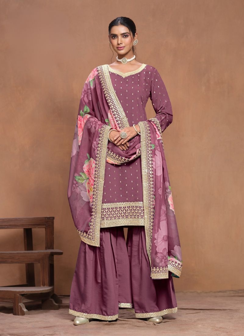 Trendy embroidered silk sharara suit in peach pink