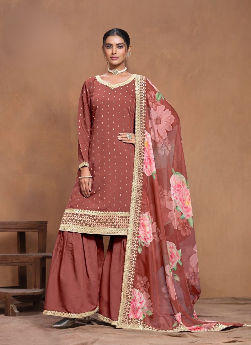 Trendy embroidered silk sharara suit in brown