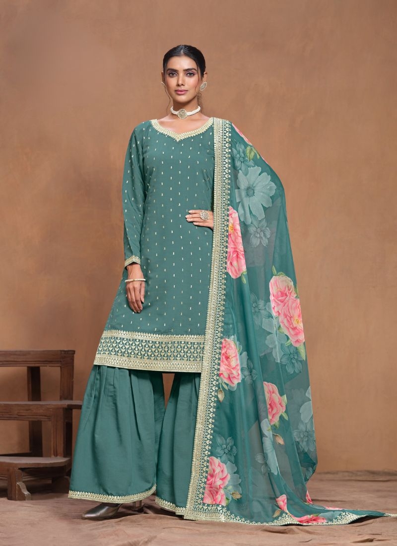 Trendy embroidered silk sharara suit in pastel green