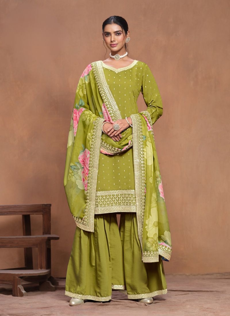 Trendy embroidered silk sharara suit in Green