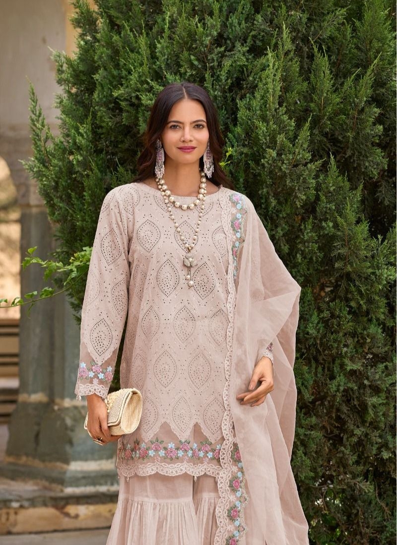 Beautiful embroidered cotton sharara suit in baby pink