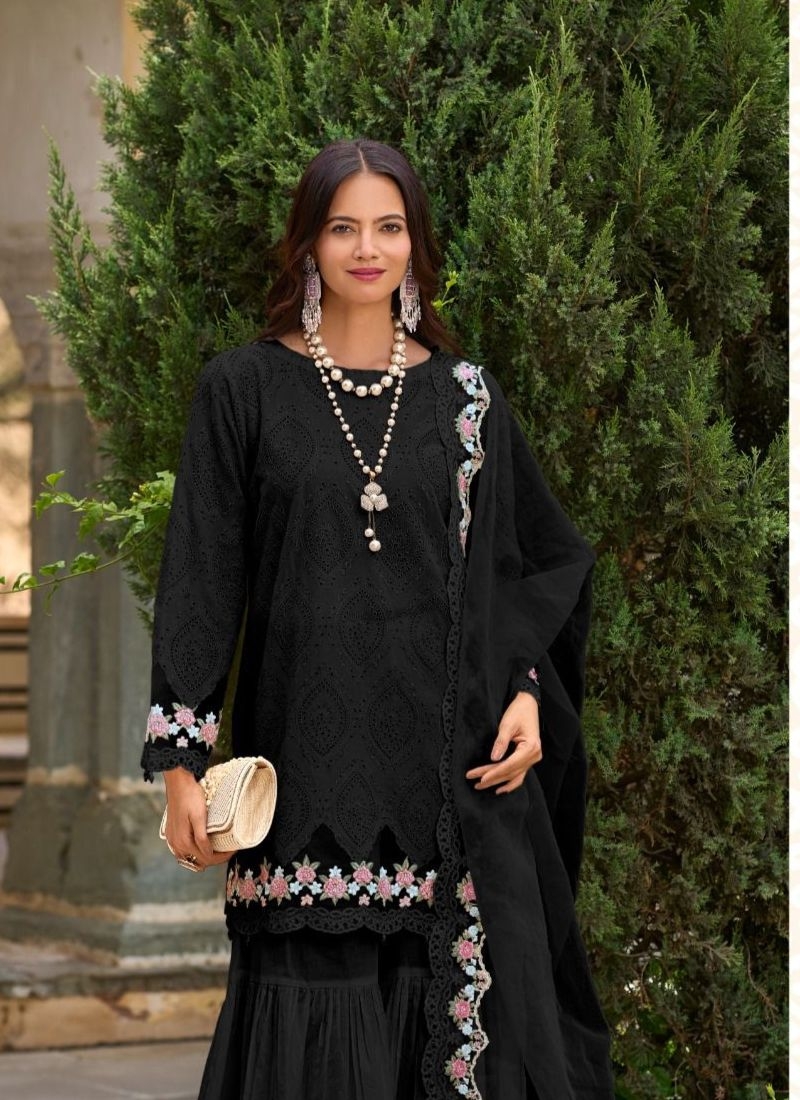 Beautiful embroidered cotton sharara suit in black