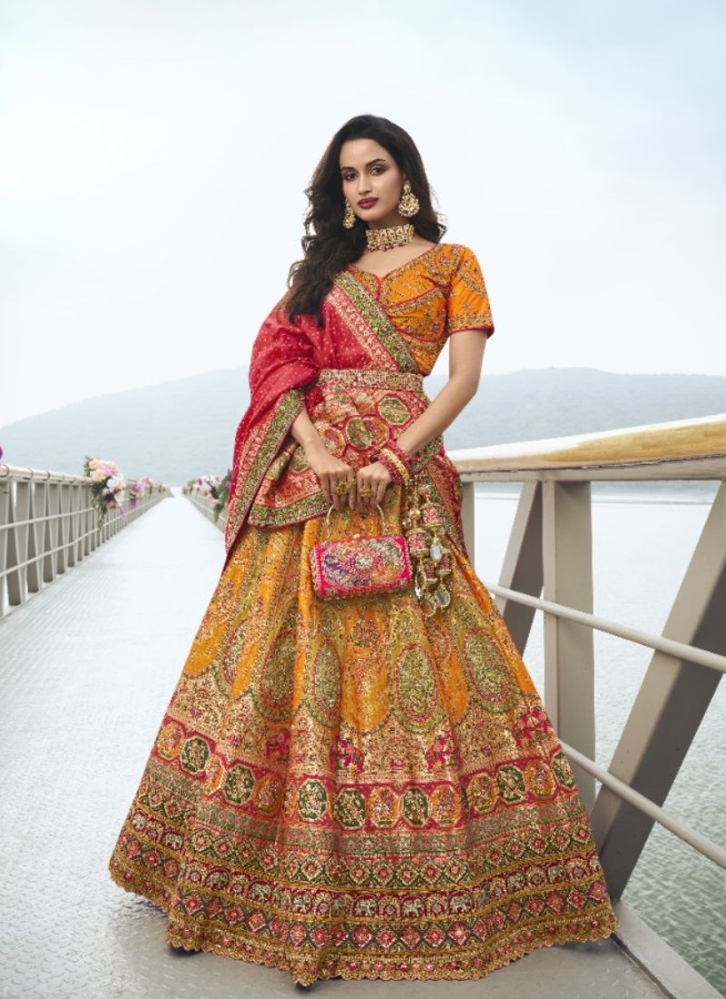 Stunning embroidered banarasi silk lehenga choli in yellow