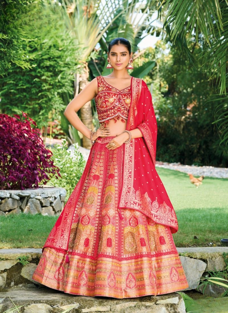 Exquisite thread weaving silk lehenga choli in red