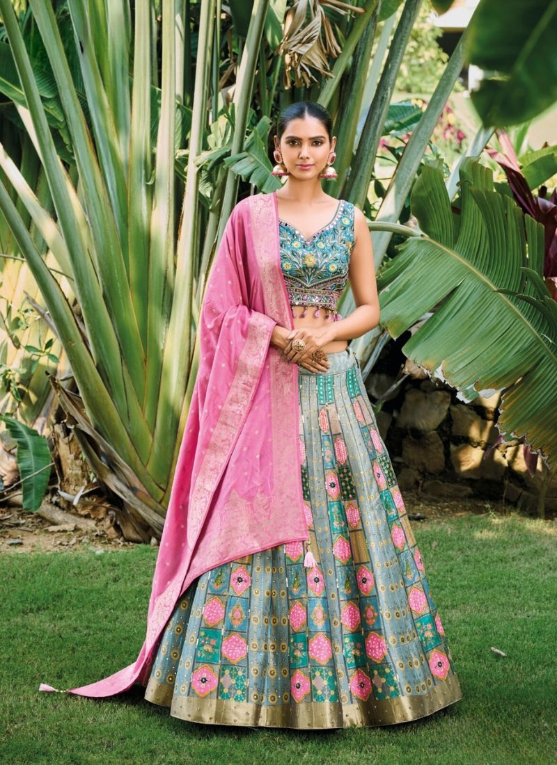 Exquisite thread weaving silk lehenga choli in light blue