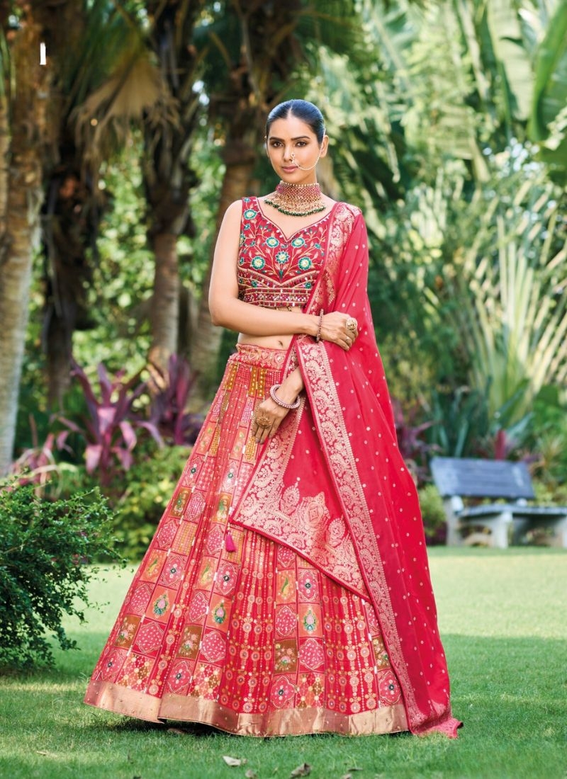 Exquisite thread weaving silk lehenga choli in dark red