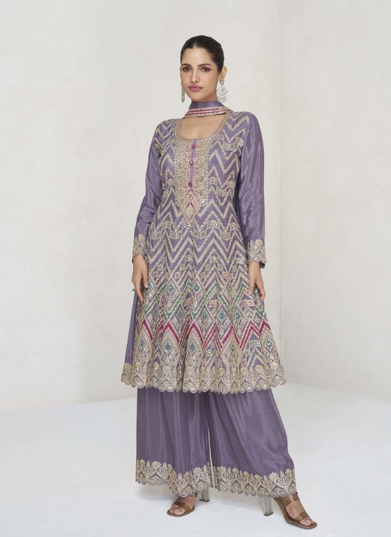 Beautiful embroidered Chinon palazzo suit in purple