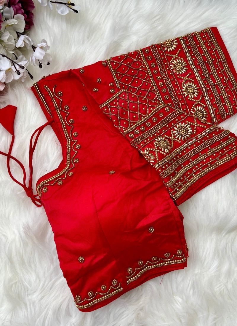 Designer heavy embroidered silk blouse piece in red