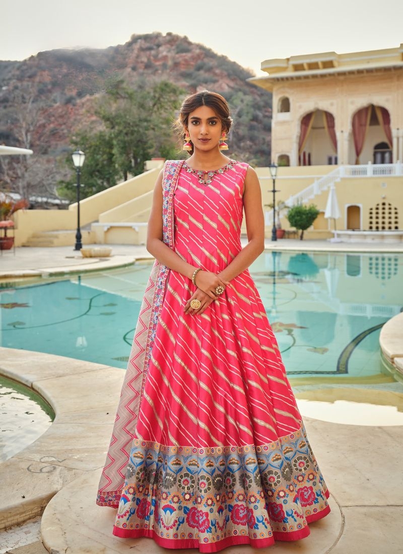 Stunning silk floral printed Anarkali suit in pink