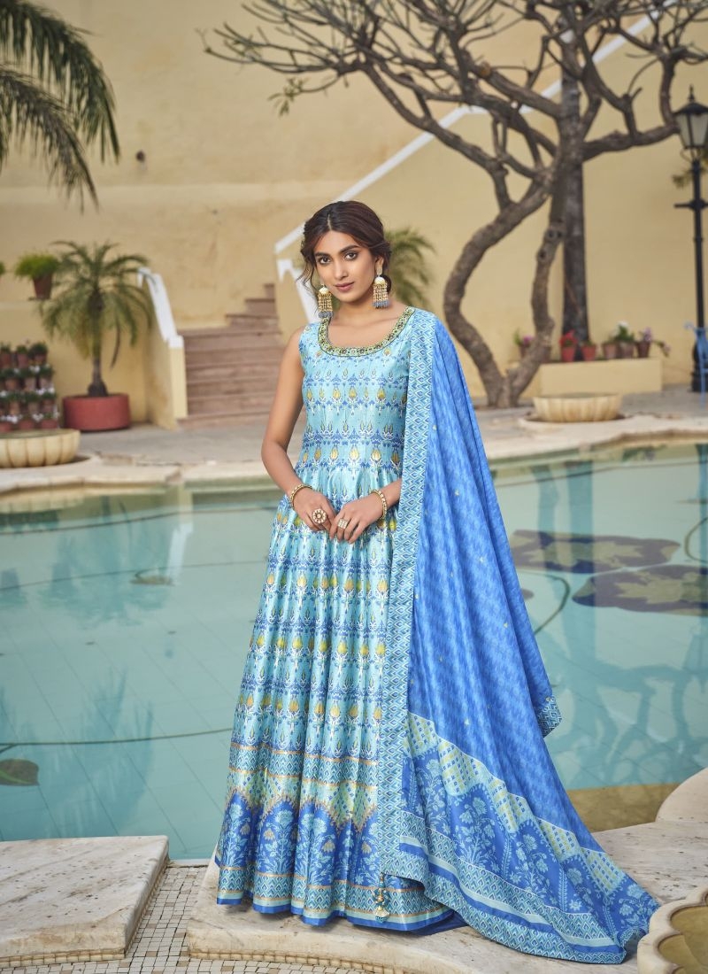 Stunning silk floral printed Anarkali suit in light blue