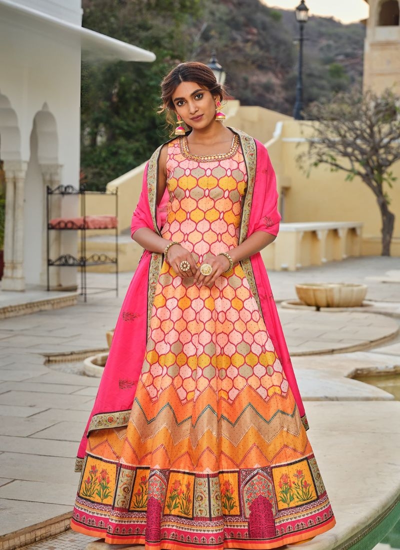 Stunning silk floral printed Anarkali suit in peach