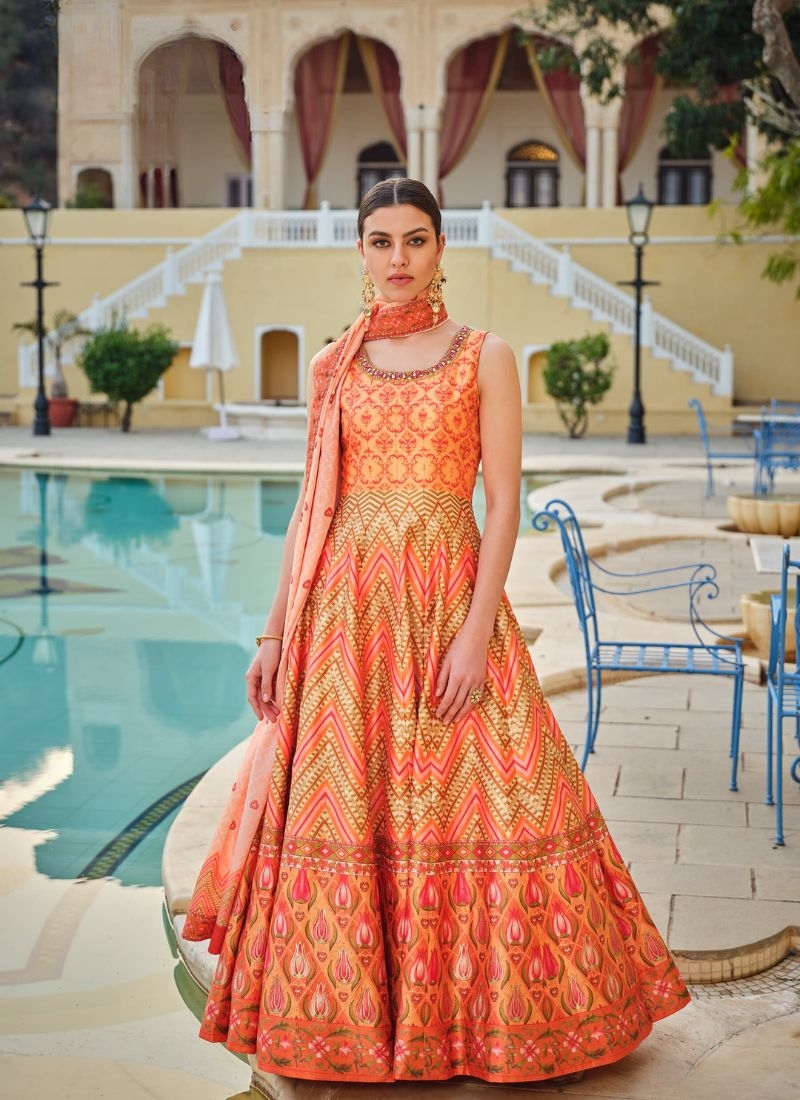 Stunning silk floral printed Anarkali suit in orange