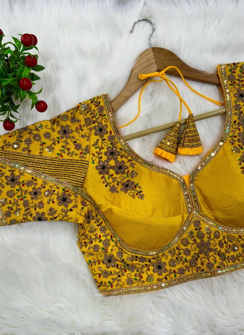 Gorgeous embroidered silk blouse in mustard