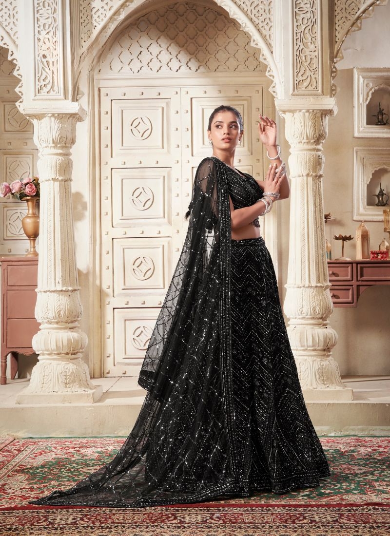 Designer thread embroidered net lehenga choli in black