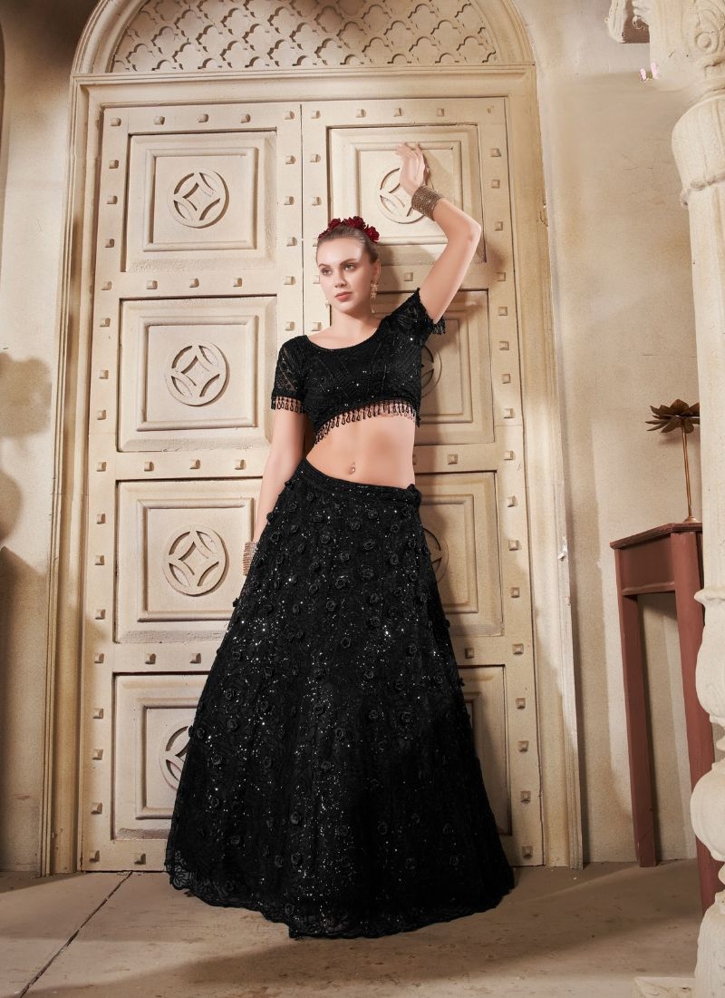 Designer zari embroidered net lehenga choli in black