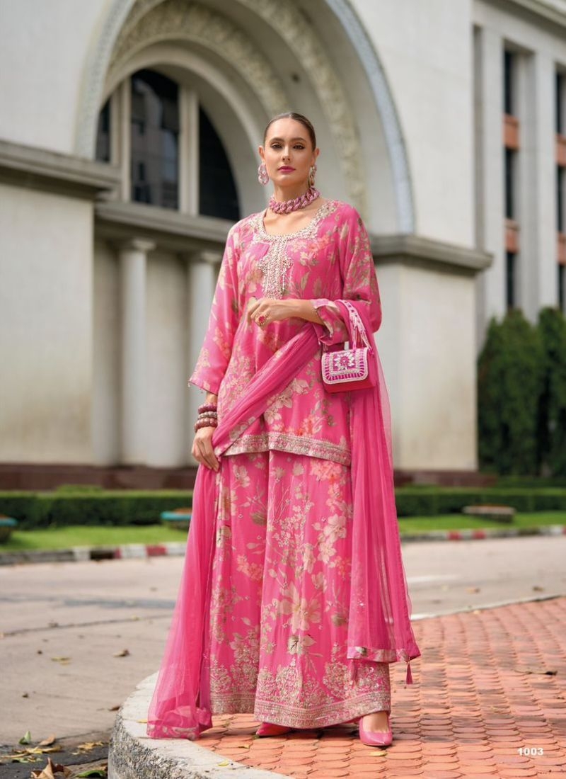 Exquisite digital printed chinon sharara suit & dupatta in pink