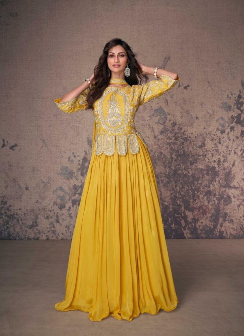 Beautiful embroidered chinon silk Anarkali suit in yellow