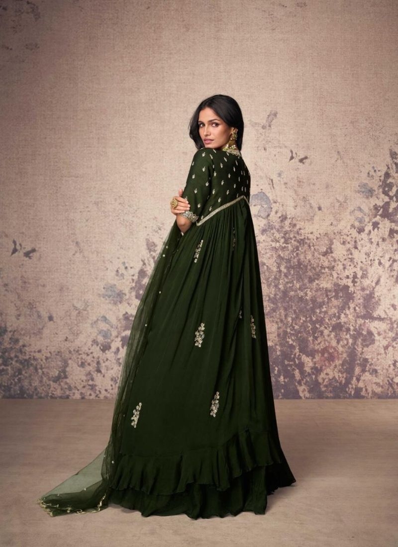 Beautiful embroidered chinon silk Anarkali suit in dark green