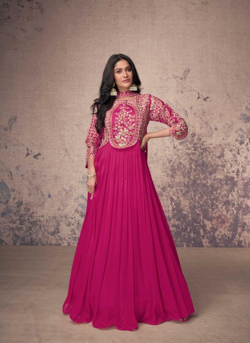 Beautiful embroidered chinon silk Anarkali suit in pink