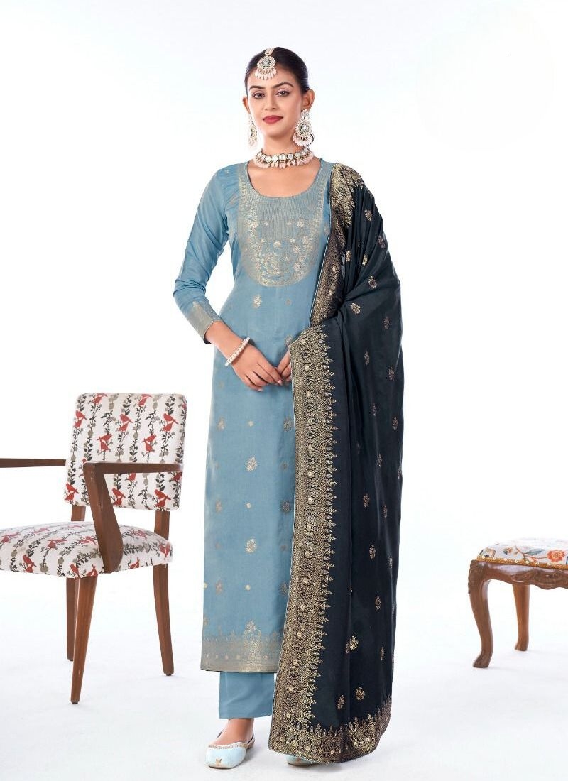 Stunning pure muslin jacquard printed kurta pant suit in blue